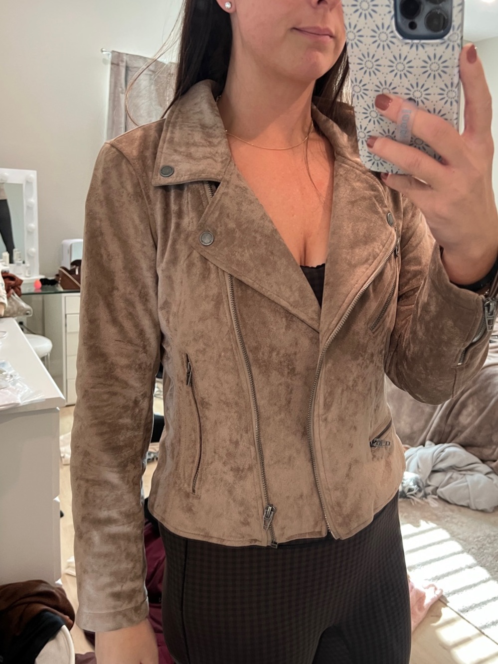 Blank NYC Taupe Suede-Look Moto Jacket